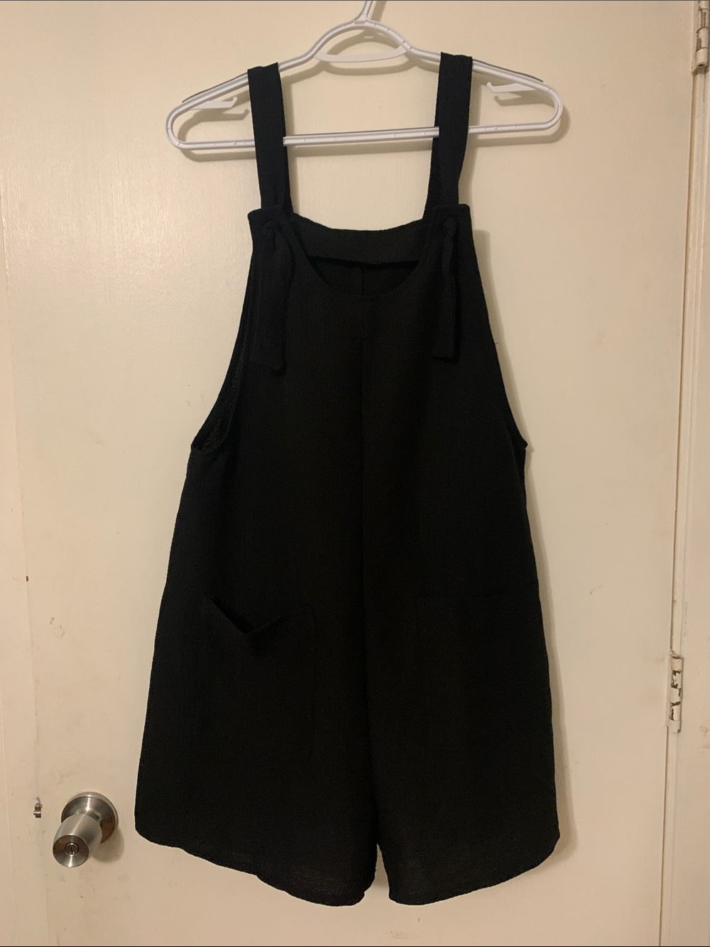 Black Tie-Shoulder Cotton Romper with Front Pockets